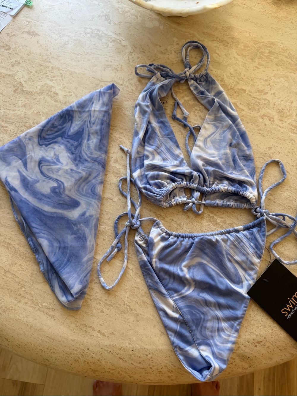 naked wardrobe Blue Marble Tie-Side Bikini with Matching sarong - Picture 1 of 2